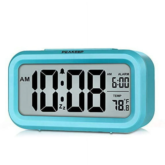 PEAKEEP Smart Night Light Digital Alarm Clock with Indoor Temperature, Battery Operated Desk Small Clock (Blue)