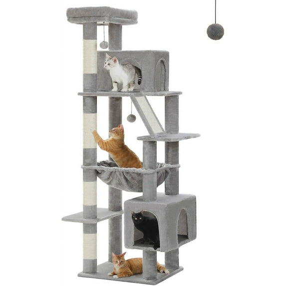 PEQULTI 71'' Multi-Level Cat Tree Tower Large Cat Tree with Dual Spacious Condos Indoor Gray