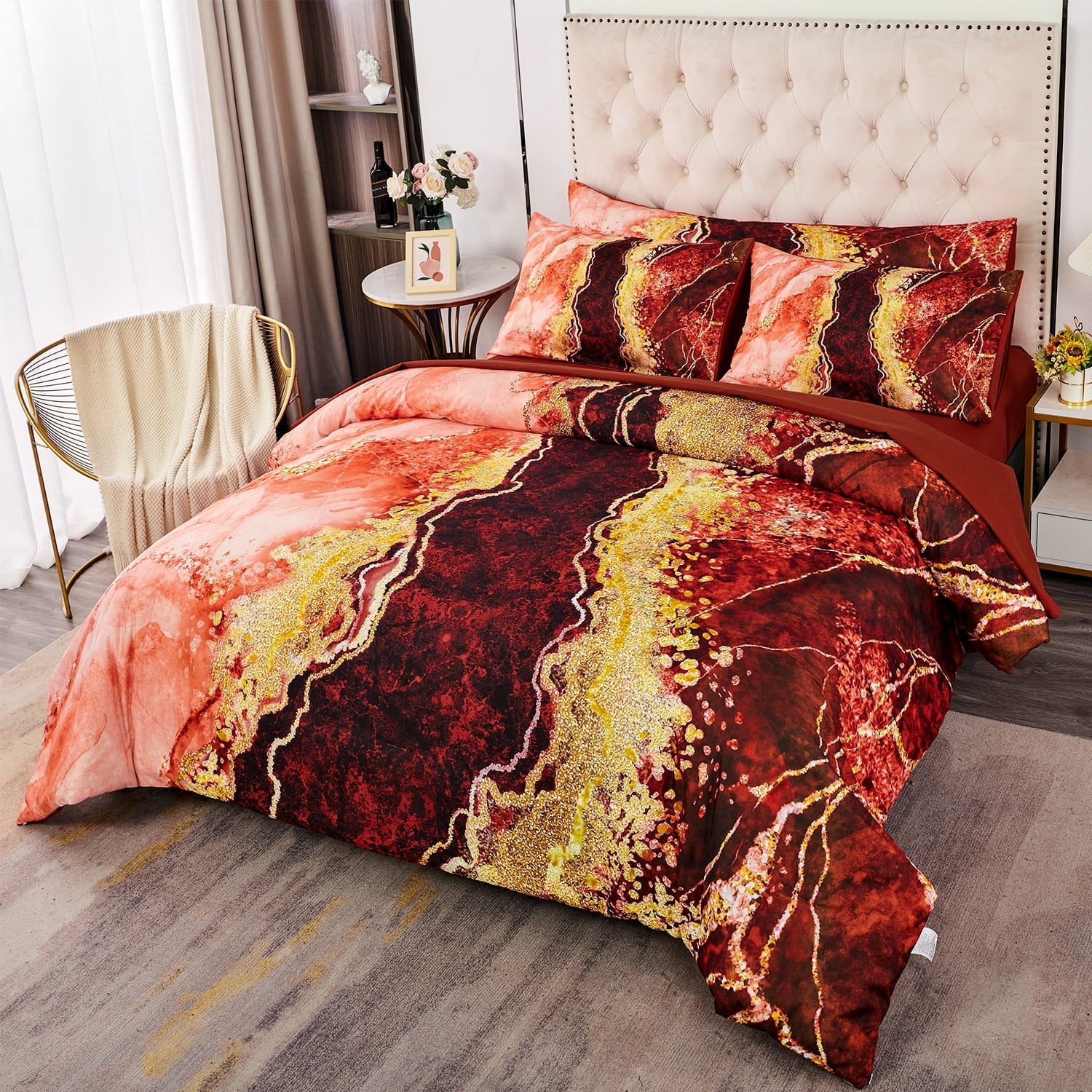DANTUL 6 Pcs Orange Marble Printed Comforter With Sheet Sets Aesthetic Artwork Design Watercolor Bed In A Bag For All Season(Orange, King)