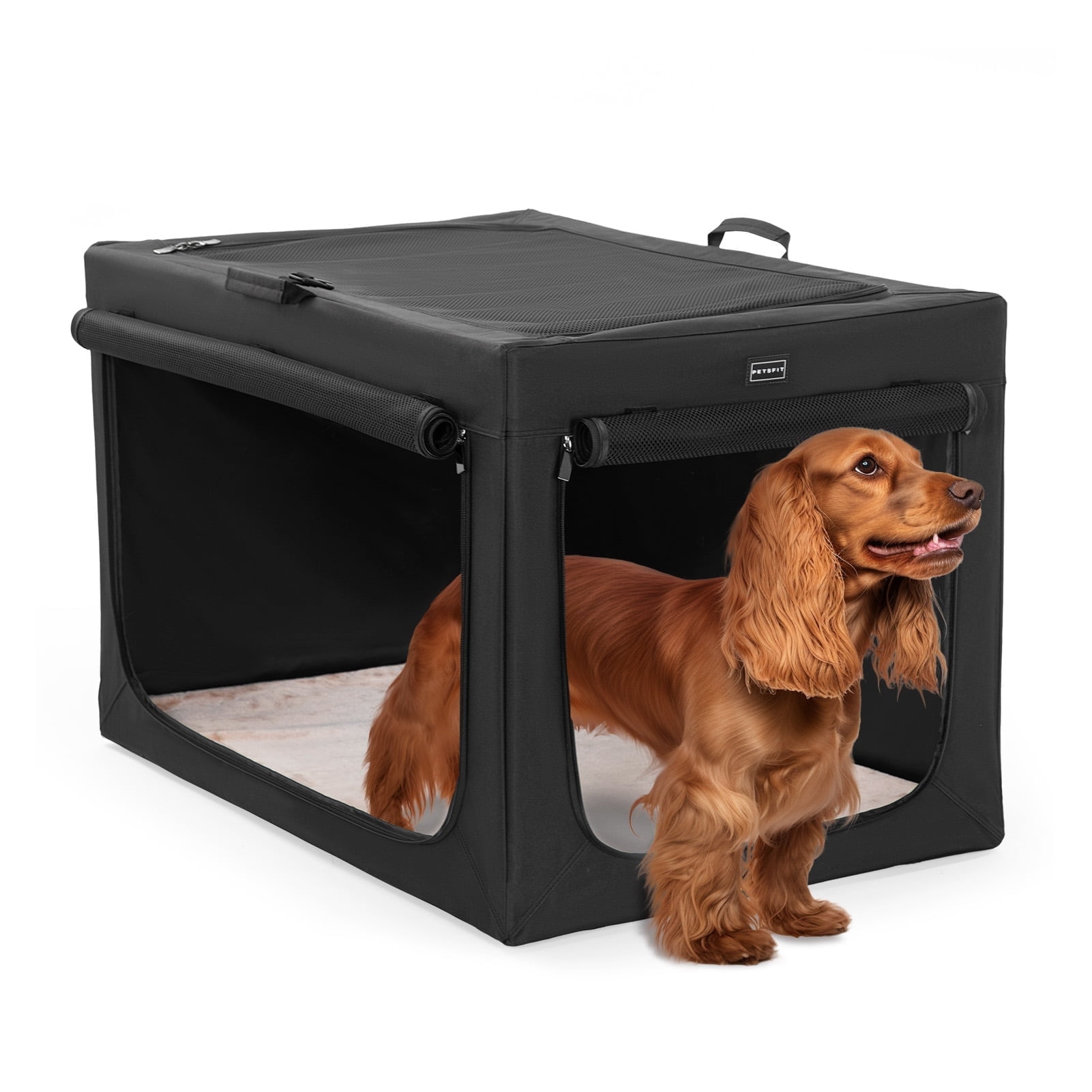 PETSFIT 30in Portable Dog Crate,Comfy Inside with Thicken Mat, Collapsible Crate for Home and Travel,Black