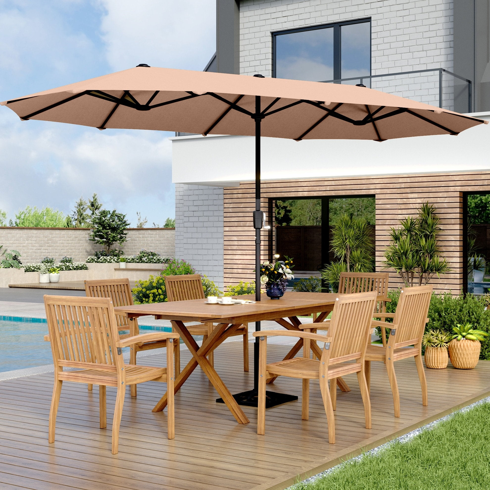 PHI VILLA 13ft Double-Sided Twin Outdoor Patio Umbrella Market Umbrella, Beige