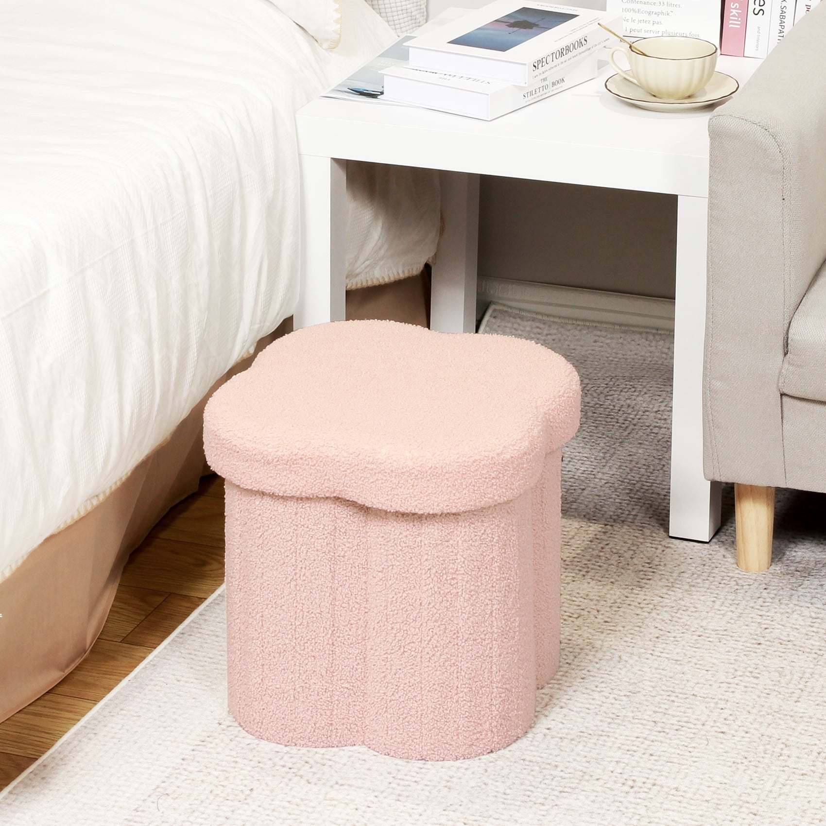 PINPLUS 12.6" Storage Ottoman,Toy Chest Box，Folding Footrest Stool Seat,Flower Shape,Sherpa Fabric,Pink