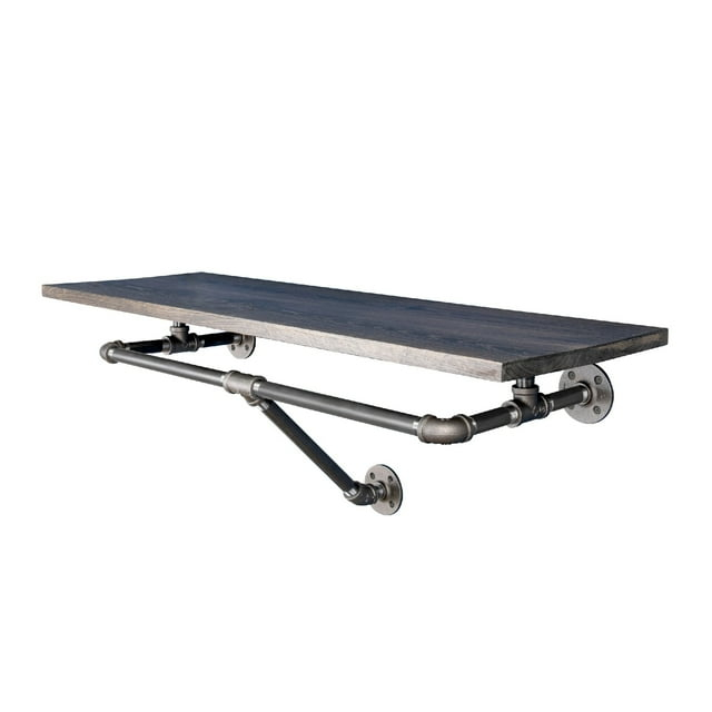 PIPE DECOR  24" Wall Mounted Clothing Rack with Wood Shelf and Industrial Steel Pipe Boulder Black