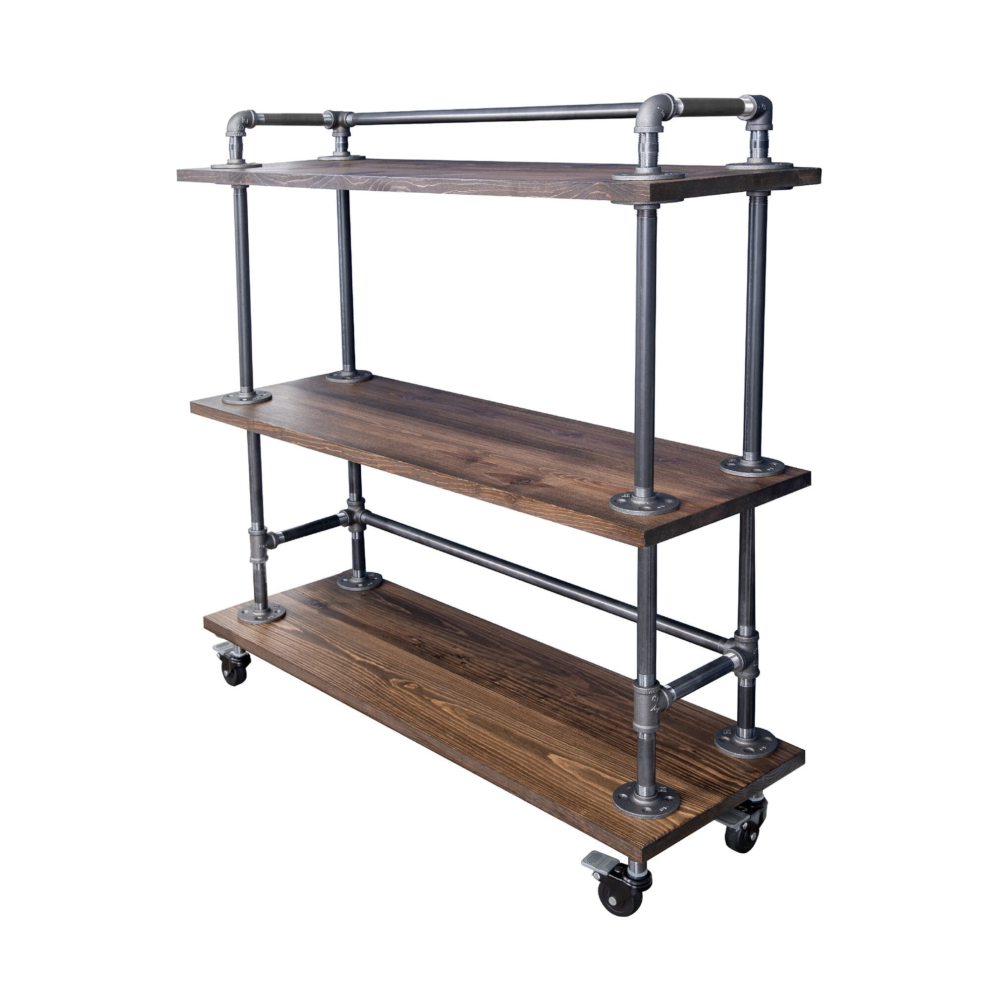 PIPE DECOR Restore by  Industrial 3 Tier Solid Wood & Steel Pipe Bar Cart with Wheels Trail Brown
