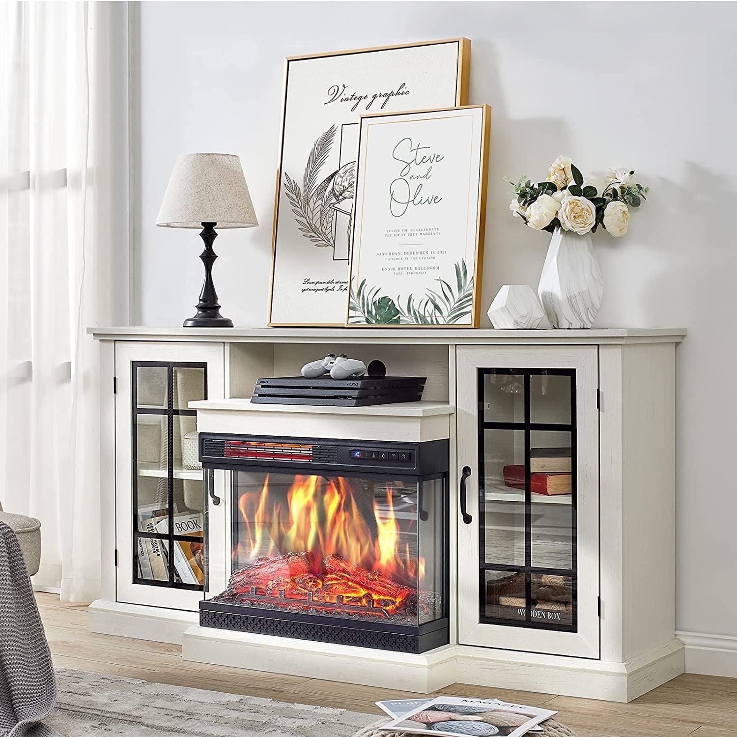 Fireplace TV Stand with 3-Sided Glass Electric Fireplace, 59" Entertainment Center, Distressed White