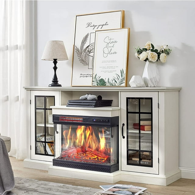 Fireplace TV Stand with 3-Sided Glass Electric Fireplace, 59" Entertainment Center, Distressed White