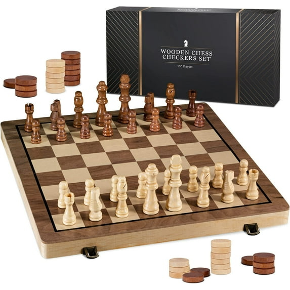 KiddiTouch 15 inch Magnetic Wooden Chess Set 2 in 1 Folding Chess Board Travel Chess Games for Adults and Kids