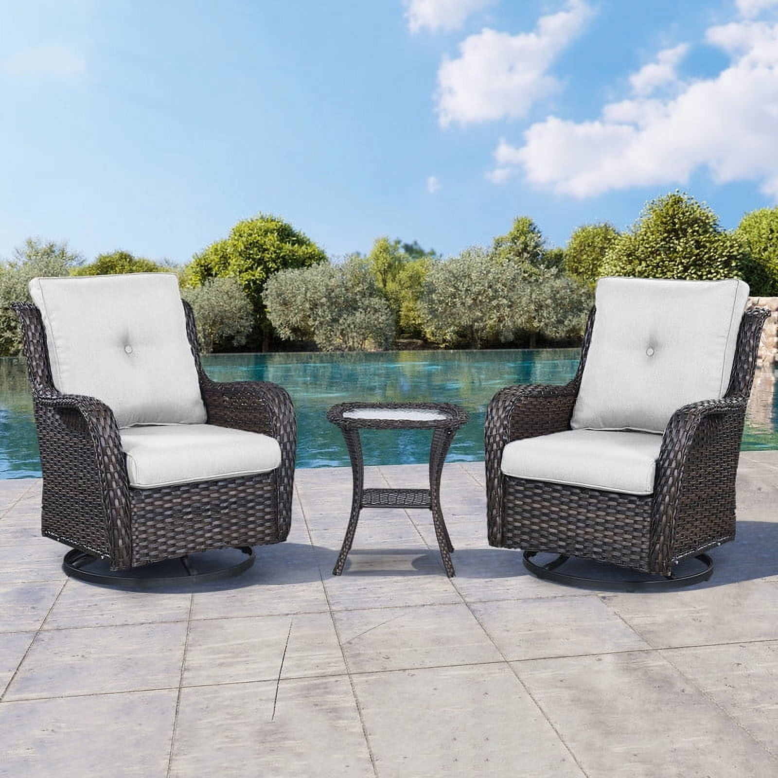 POCASSY 3 Piece Patio Set Outdoor Wicker Glider Rocking and Swivel Chairs with Side Table and Cushions - Patio Wicker Bistro Furniture Set, Brown Rattan & Beige Cushion