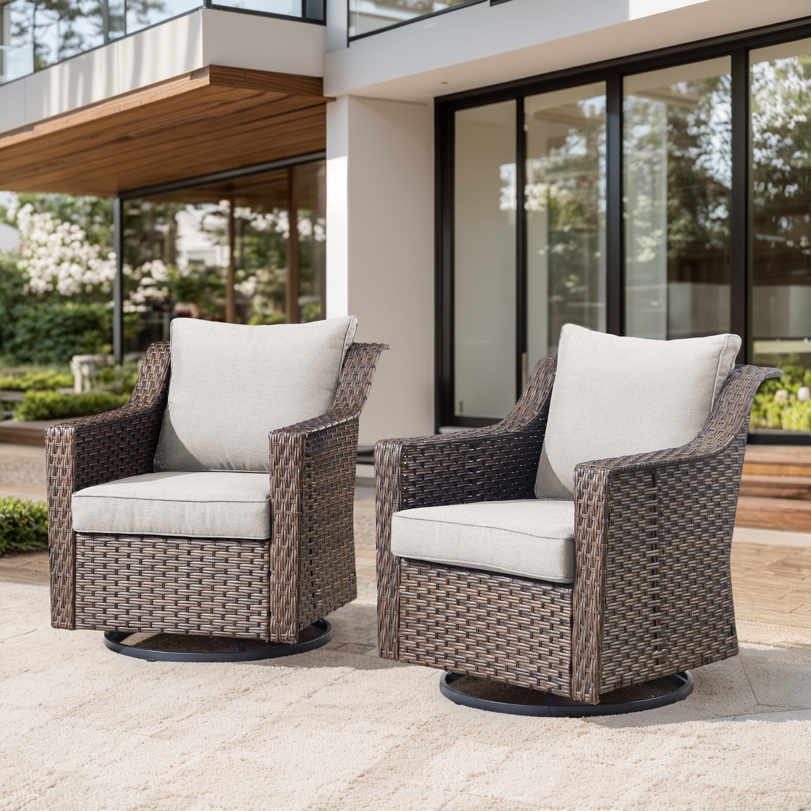 POCASSY Patio Swivel Chairs Set of 2, 2-Person Weather-Resistant PE Wicker Patio Furniture with Steel Frame Ideal Furniture Set for Porch Balcony, Brown Wicker Beige Cushion