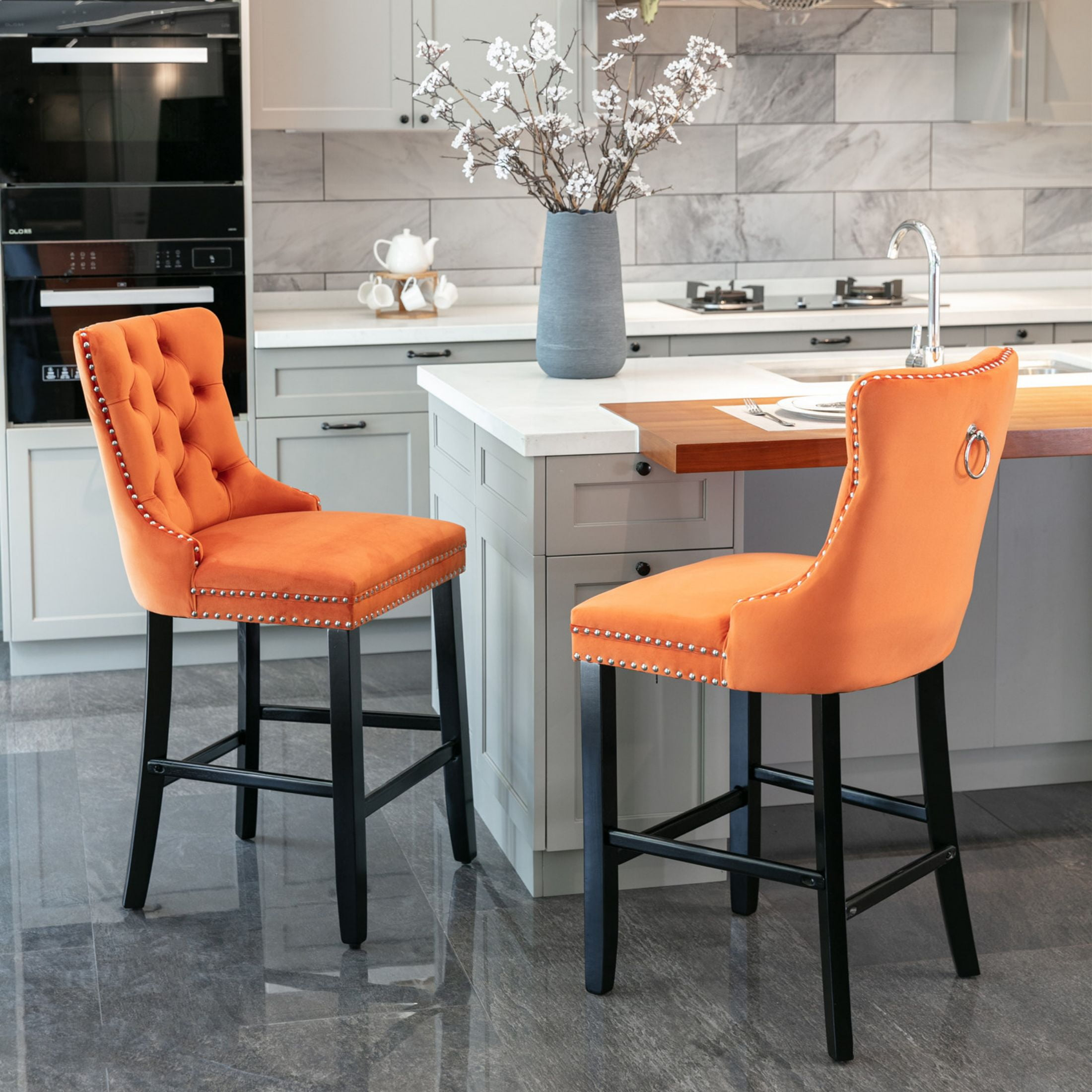 Aoowow Velvet Upholstered Counter Height Bar Stools Set of 2, Counterstool Seat Height 27.2", Wingback Armless Bar Chairs Button Tufted with Solid Wood Legs for Kitchen Island Bar Area (Orange)