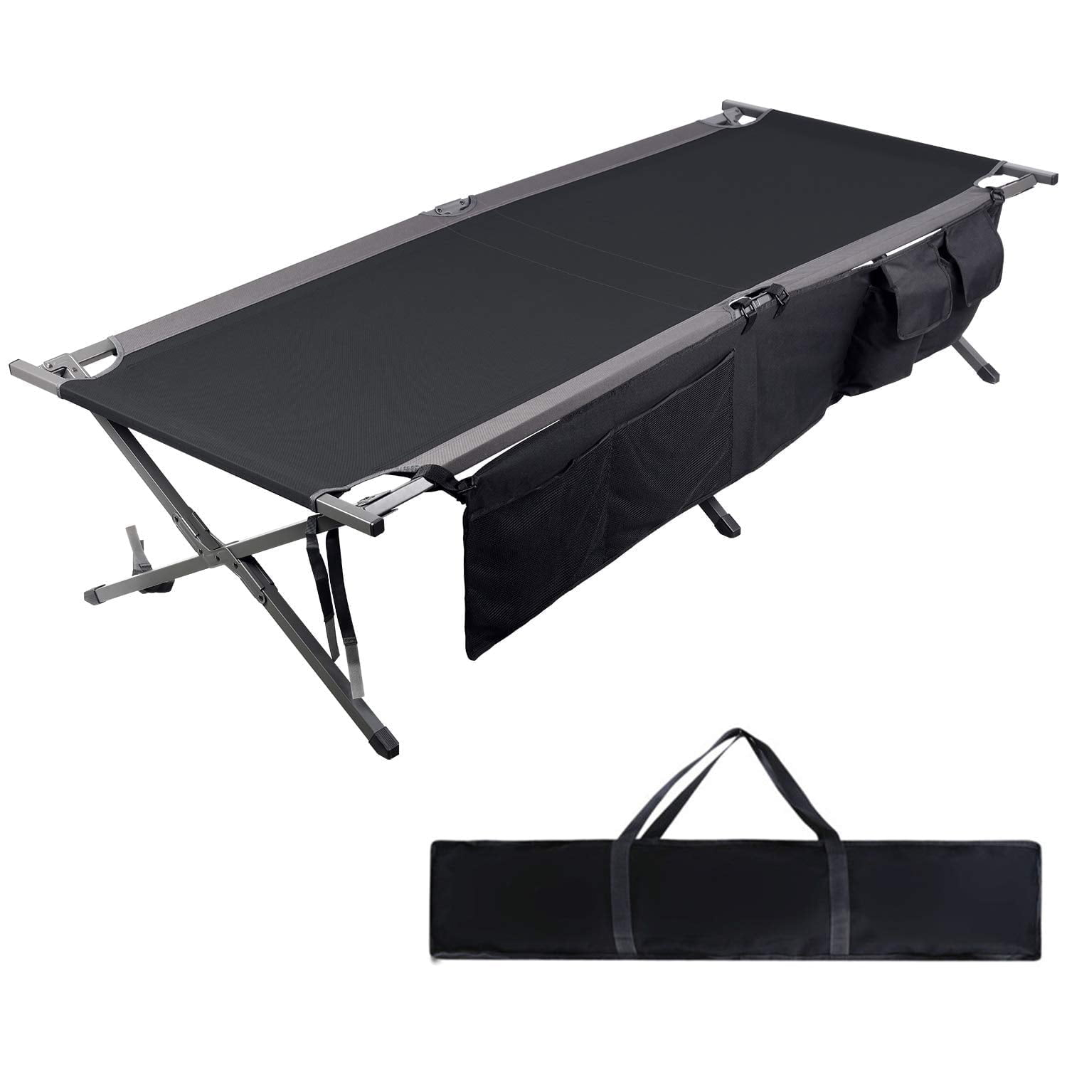 PORTAL Folding Portable, Guest Carry Bag and Side Storage Organizer, Camping Adults Away Tent Sleeping Cot Bed, Supports 300 LBS, Black