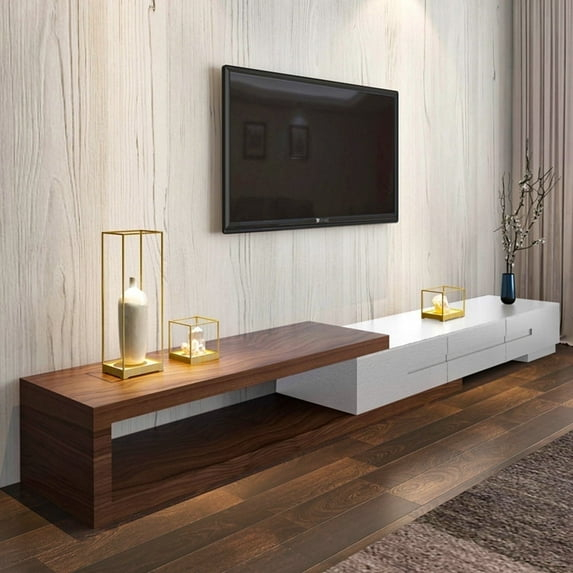POVISON Modern Extendable White TV Stand, Wood Media Console for Up to 85 Inch TV with 3 Drawers, 78.7"