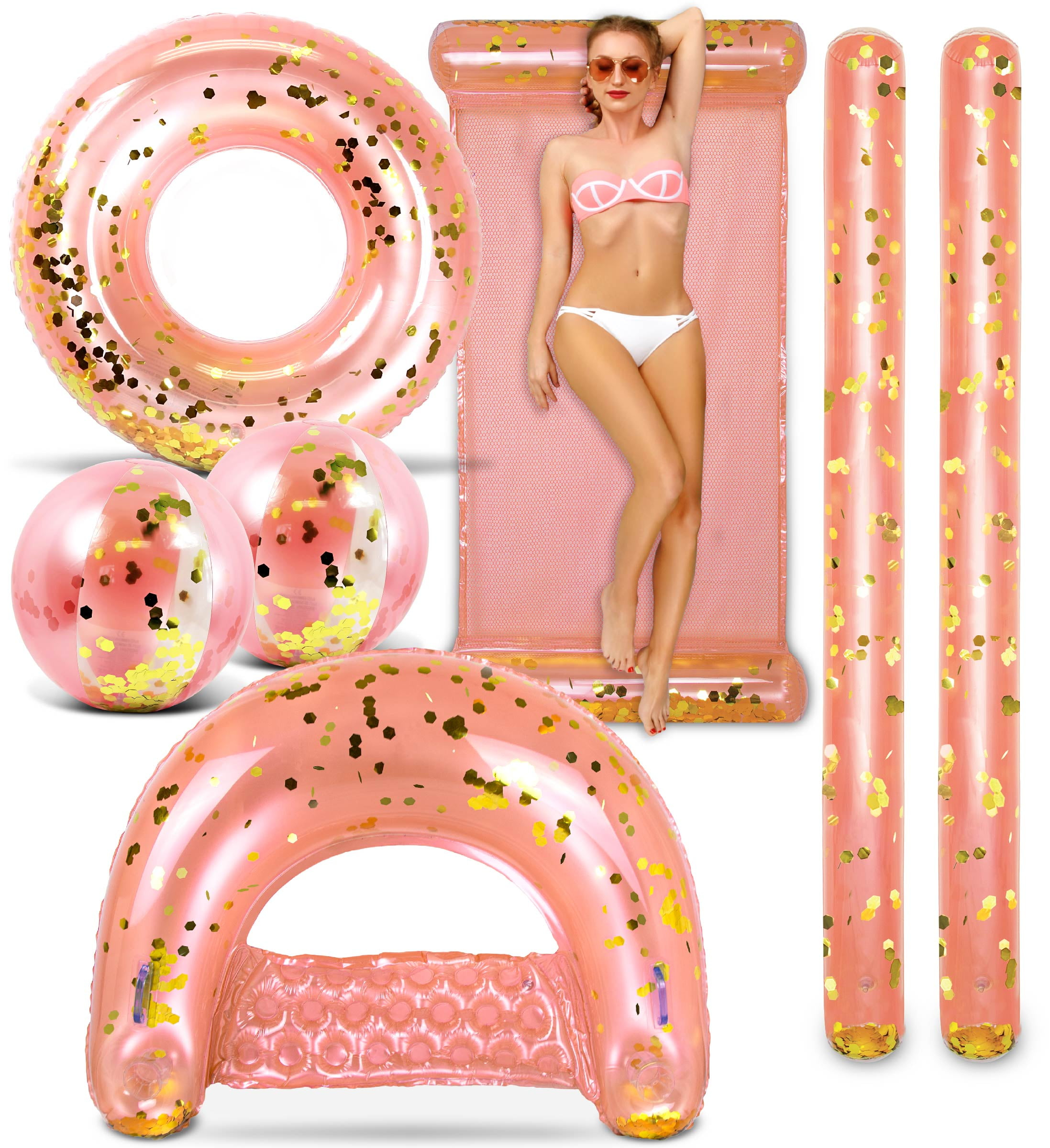 POZA Inflatable Rose Gold Full House Bundle - Premium Luxurious Sparkle Confetti 36" Pool Float Tube, 16" Beach Balls, 74" Pool Noodles, 48" Pool Chair, and 56" Water Hammock - 7 Pieces Pack
