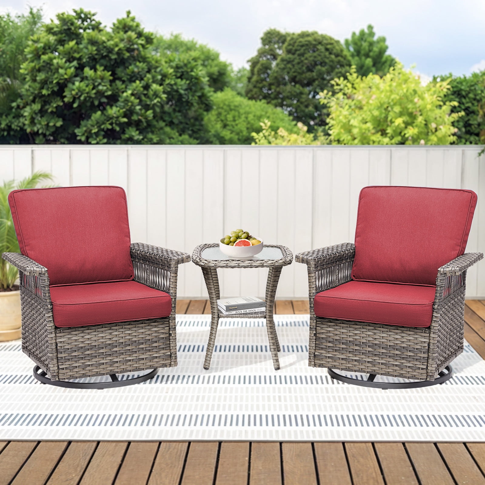 ECOPATIO 3 Pieces Patio Furniture Set, Outdoor Swivel Gliders Rocker, Wicker Patio Bistro Set with Rattan Rocking Chair, Glass Top Side Table and Thickened Cushions for Porch Deck Backyard(Red)