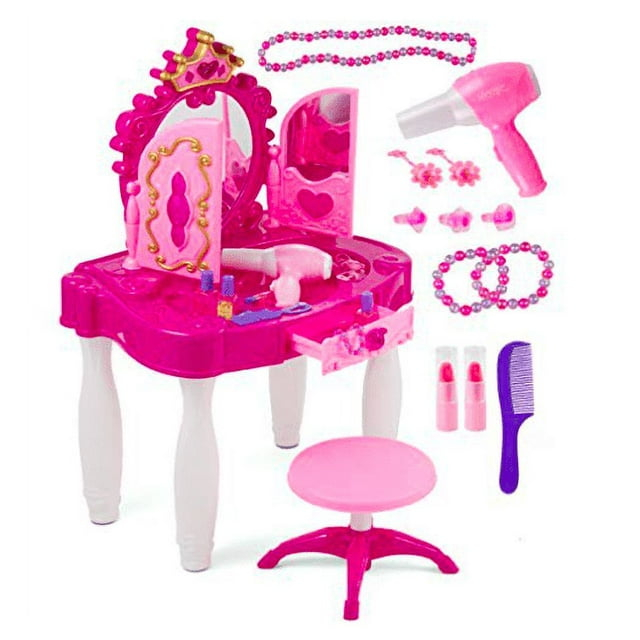 PREXTEX Kids Makeup Table with Mirror and Chair Princess Play Set, with Light and Sound Effects