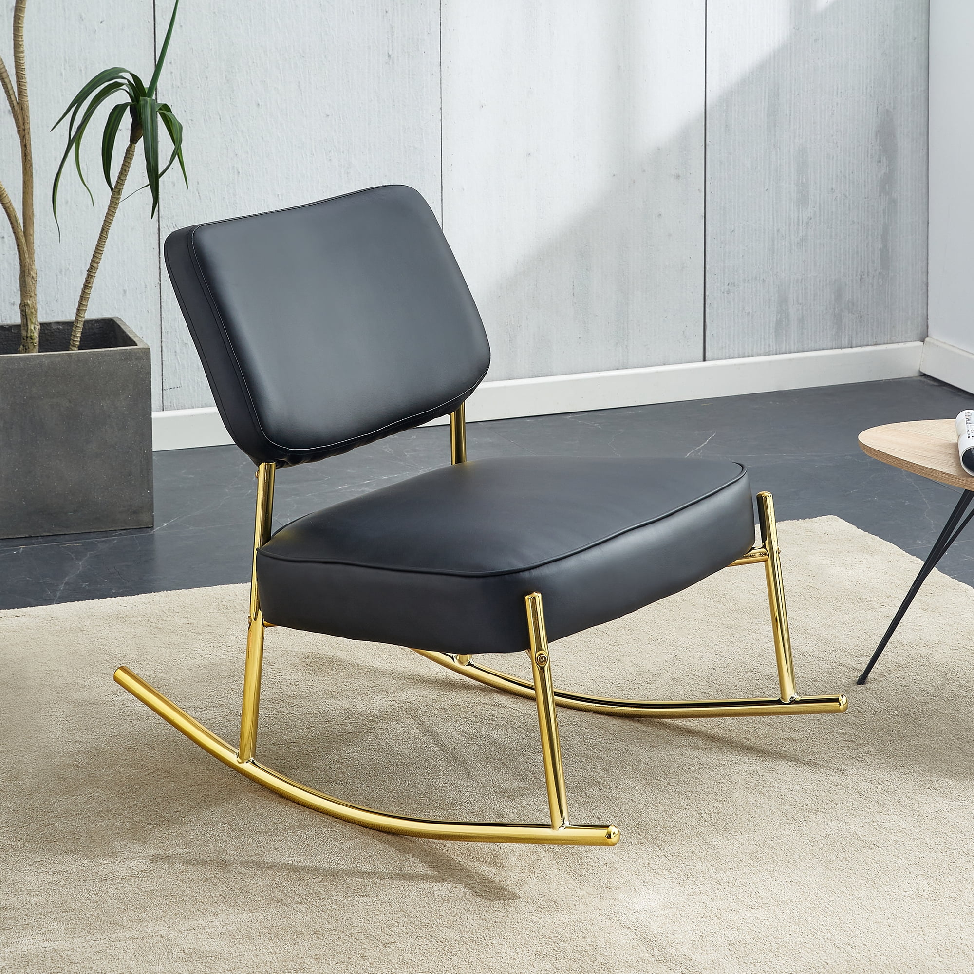 PU Material Cushioned Rocking Chair, Unique Rocking Chair, Cushioned Seat, Black Backrest Rocking Chair and Gold Metal Legs. Comfortable Side Chairs In The Living Room, Bedroom and office