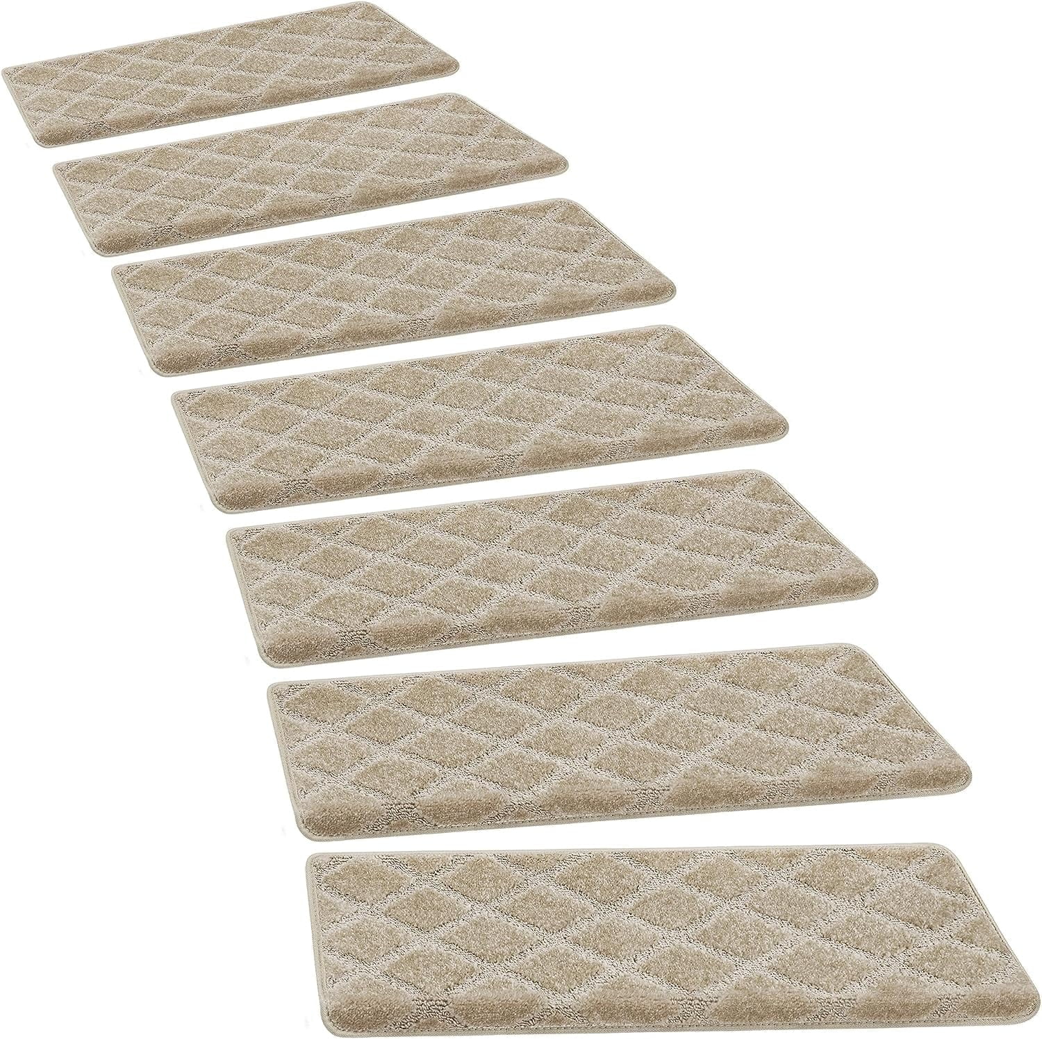 PURE ERA Bullnose Carpet Stair Treads Protectors for Wooden Steps 9.5" x 30"x1.2" Pet Friendly Tape Free Non-Slip (Set of 14 Pieces,Cream Gray Diamond Trellis)