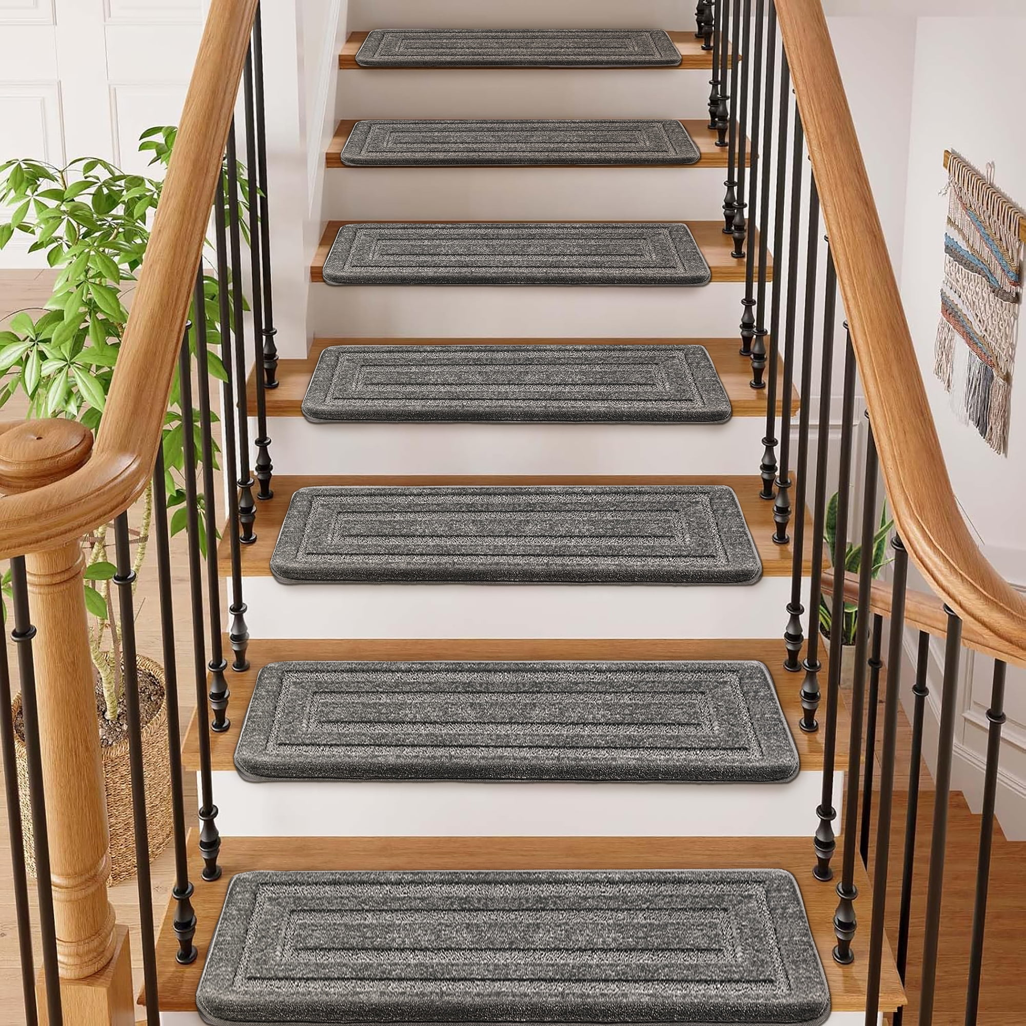 PURE ERA Bullnose Carpet Stair Treads Protectors for Wooden Steps 9.5" x 30"x1.2" Pet Friendly Tape Free Non-Slip (Set of 14 Pieces,Gray Rectangle)