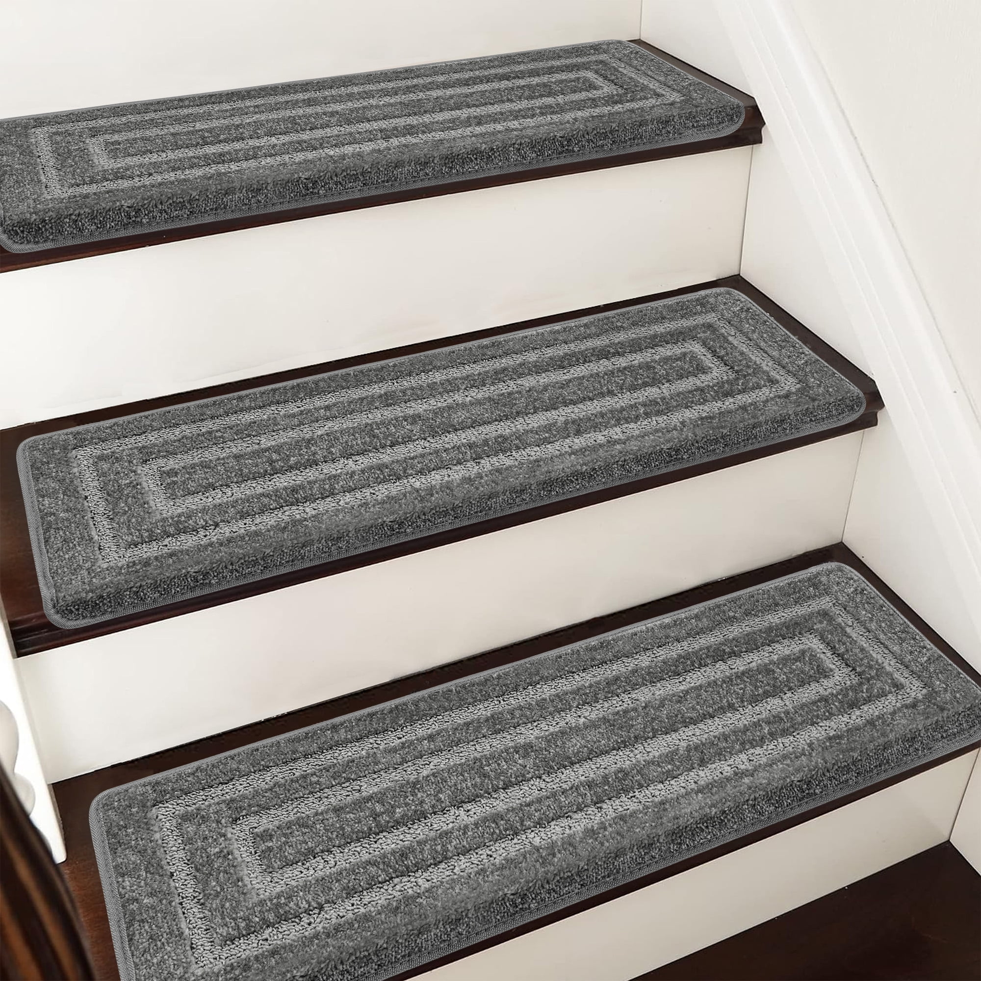 PURE ERA Bullnose Carpet Stair Treads Protectors for Wooden Steps 9.5" x 30"x1.2" Pet Friendly Tape Free Non-Slip (Set of 14 Pieces,Gray Rectangle)