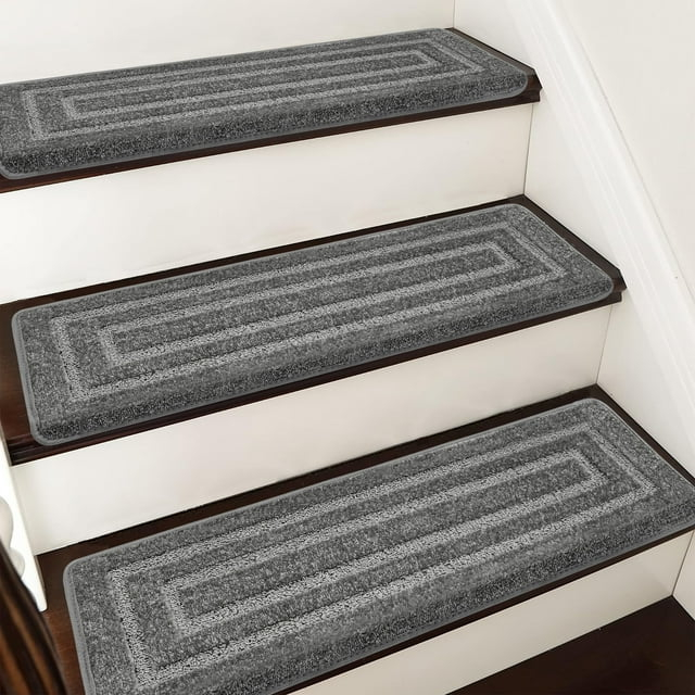 PURE ERA Bullnose Carpet Stair Treads Protectors for Wooden Steps 9.5" x 30"x1.2" Pet Friendly Tape Free Non-Slip (Set of 14 Pieces,Gray Rectangle)