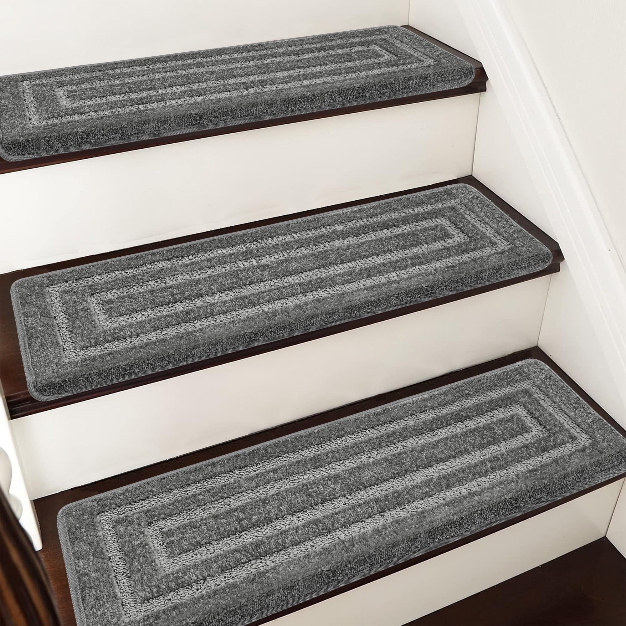PURE ERA Bullnose Carpet Stair Treads Protectors for Wooden Steps 9.5" x 30"x1.2" Pet Friendly Tape Free Non-Slip (Set of 14 Pieces,Gray Rectangle)