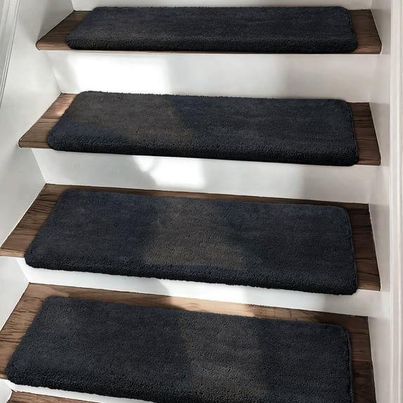 PURE ERA Non-Slip Ultra Plush Soft Bullnose Carpet Stair Treads Set of 14 Tape Free Washable Self Adhesive Dark Grey 9.5" x 30"x1.2"