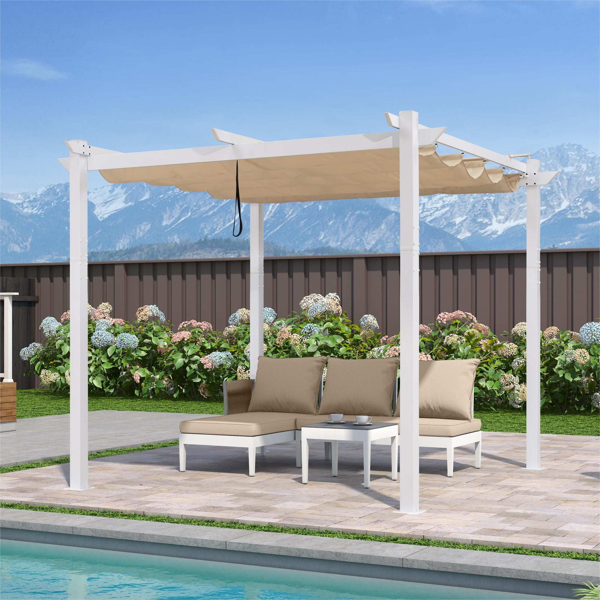 PURPLE LEAF 10' x 10' Outdoor Retractable Pergola with Double Sun Shade Canopy and White Heavy-Duty Aluminum Frame Patio Modern Adjustable Canopy Pergola for Garden Deck and Backyard, Khaki