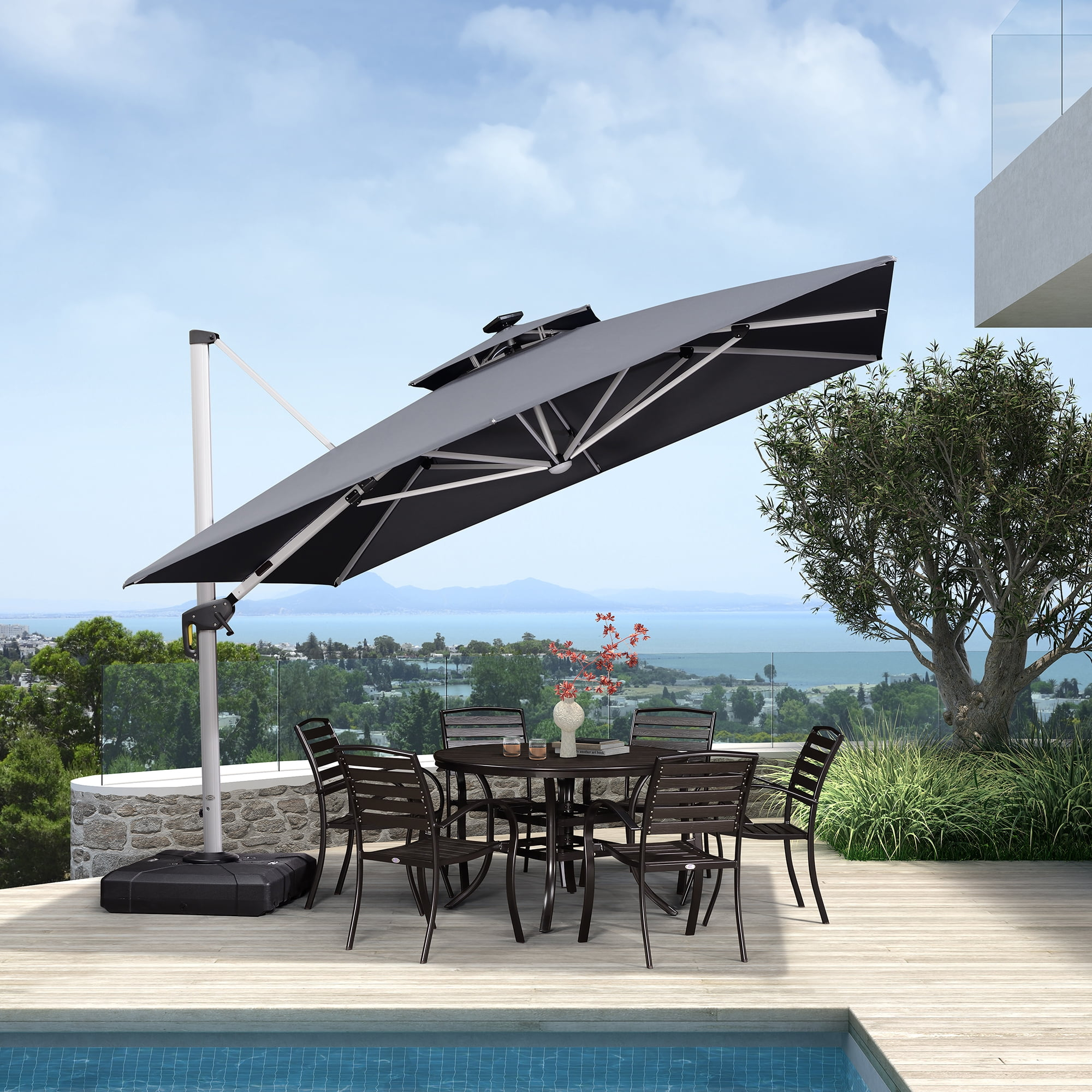 PURPLE LEAF 11FT Square Double Top Deluxe Solar Powered LED Patio Umbrella Outdoor Cantilever Umbrella, Gray