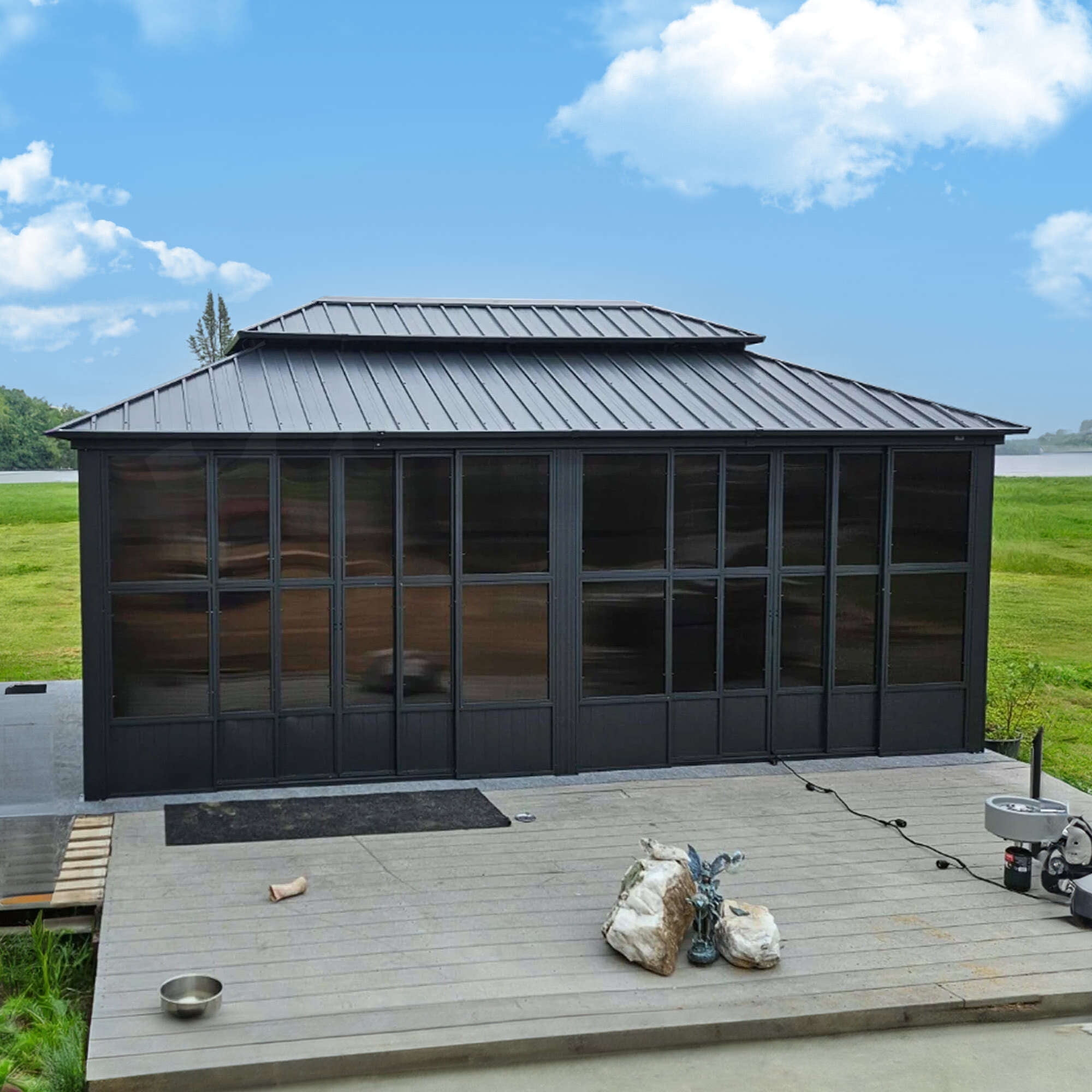 PURPLE LEAF 12' X 20' Sunroom Hardtop Gazebo Solarium Galvanized Steel Double Roof &Sliding Doors Outdoor Screen House for Patio Deck Backyard