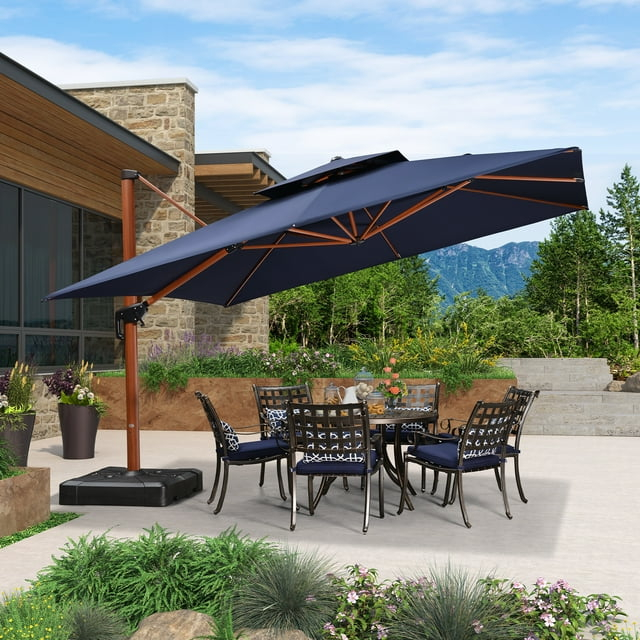 PURPLE LEAF 12FT Deluxe Square Wood Grain Patio Umbrella, Large Offset Cantilever Umbrella with 360° Rotation, Navy Blue