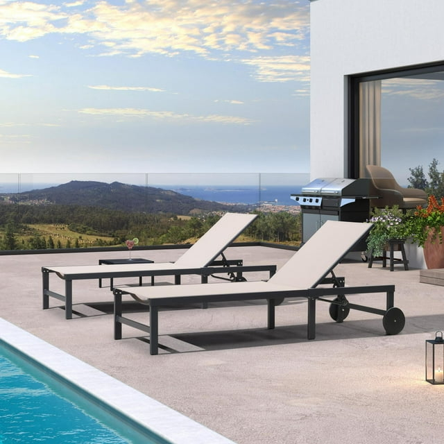 PURPLE LEAF Outdoor Chaise Lounge with Wheels for Outside 2 Pieces Aluminum Patio Lounge Chair with 5 Adjustable Position Recliner for Patio, Beach, Yard, Pool, Side Table Included, Beige