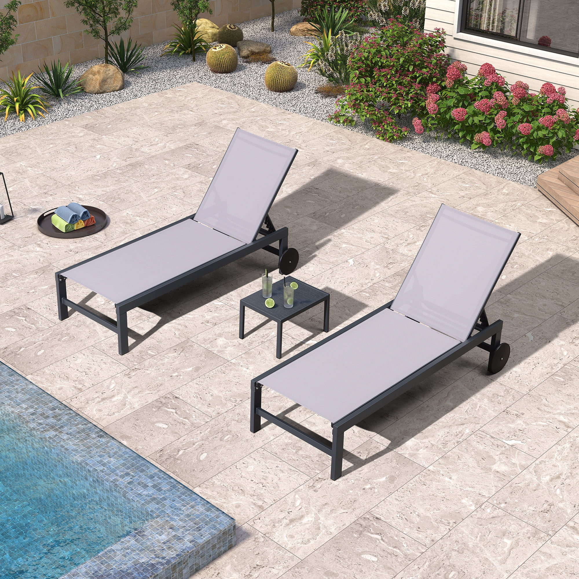 PURPLE LEAF Outdoor Chaise Lounge with Wheels for Outside 2 Pieces Aluminum Patio Lounge Chair with 5 Adjustable Position for Outdoor, Beach, Yard, Pool, Side Table Included, Light Grey