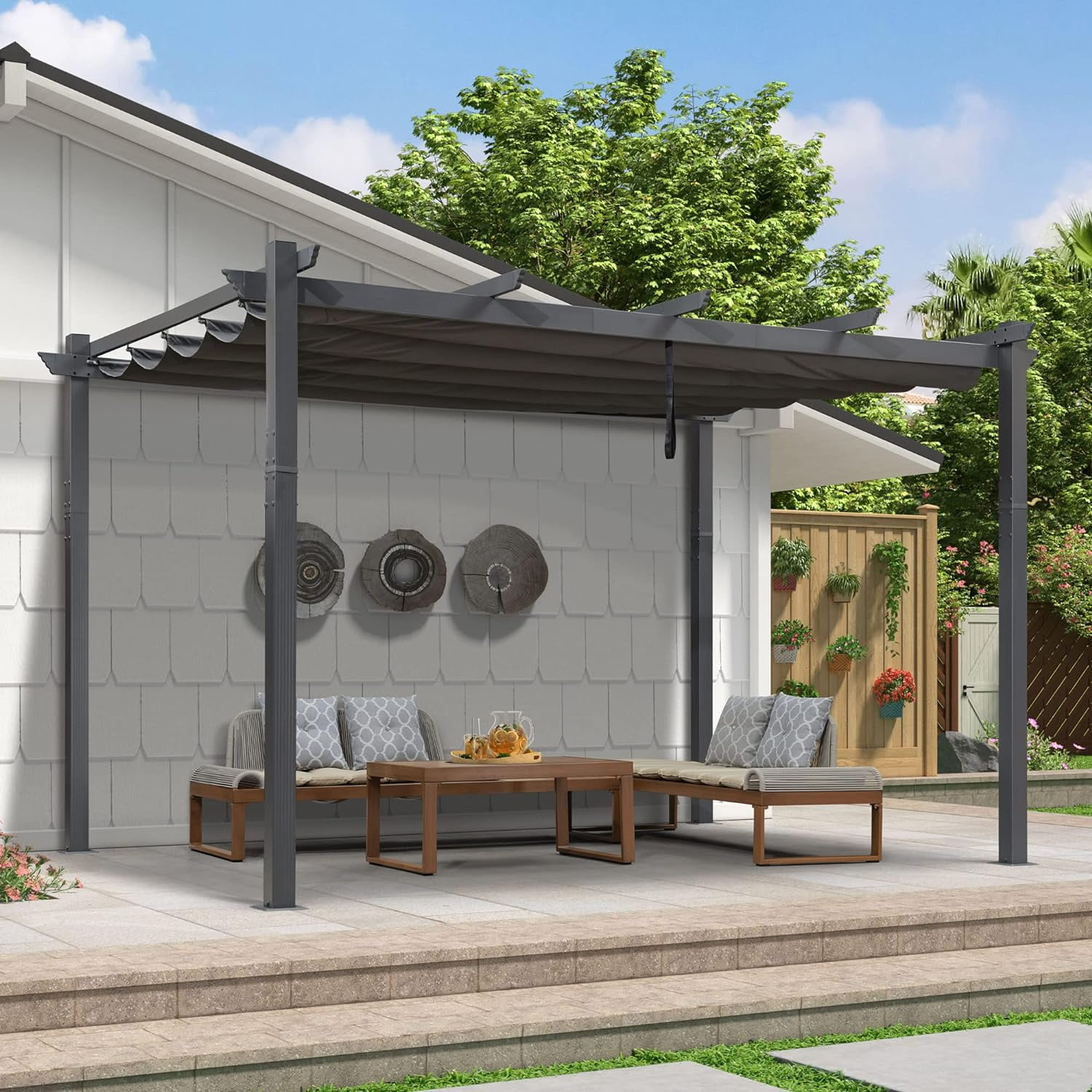 PURPLE LEAF Pergola 9.5' X 13' Outdoor Retractable Pergola Against The Wall with Sun Shade Canopy Aluminum Patio Pergola for Porch Garden Yard, Gray