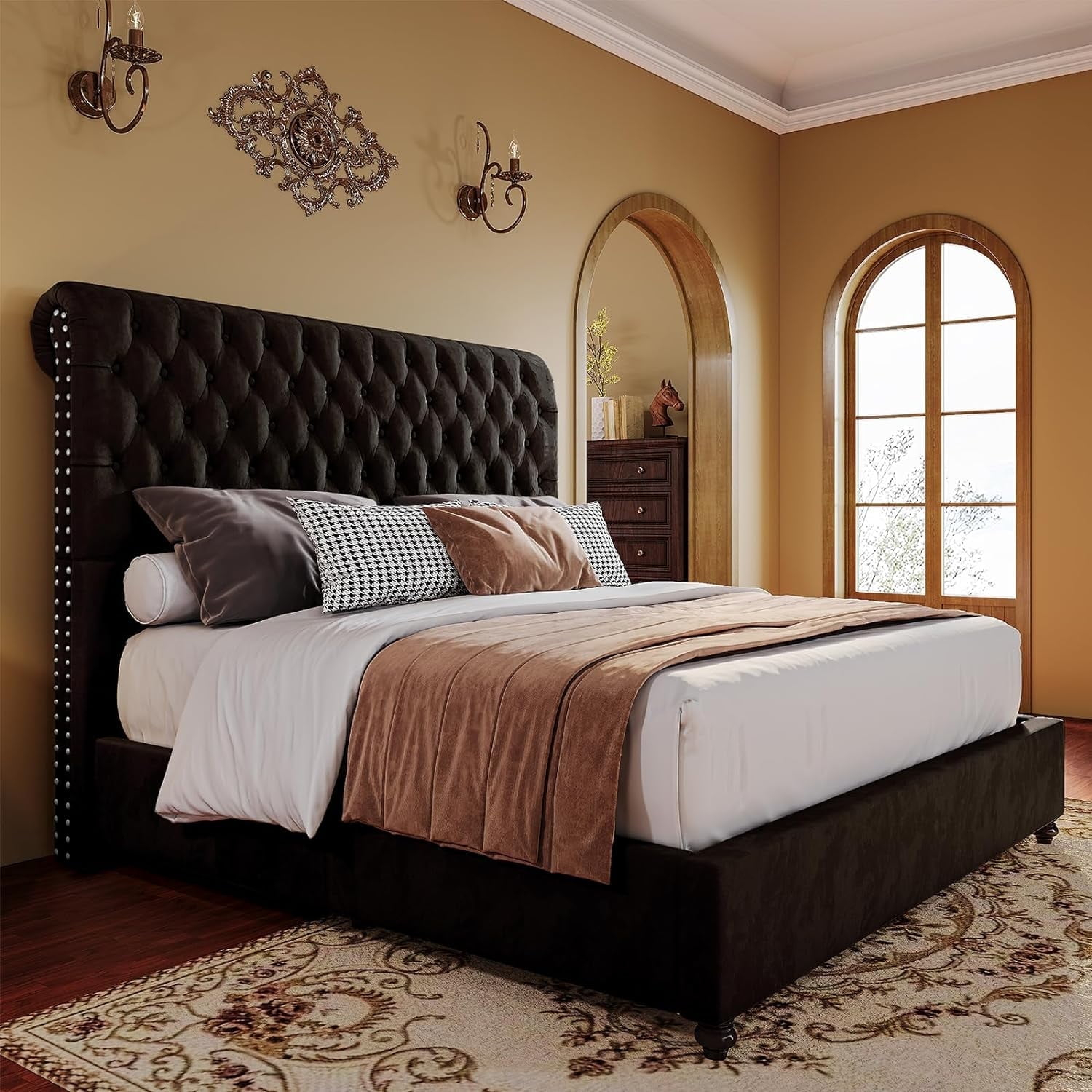 PaPaJet Platform Bed Frame Queen Size Velvet Upholstered Sleigh Bed Deep Button Rolled Edge Tufted Headboard, Wood Slats Support/No Box Spring Needed/Easy Assembly/Black