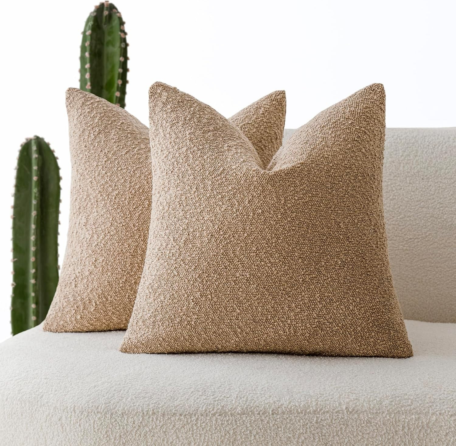 Boucle Decorative Throw Pillow Covers for Couch Set of 2, 18x18 inches, Beige