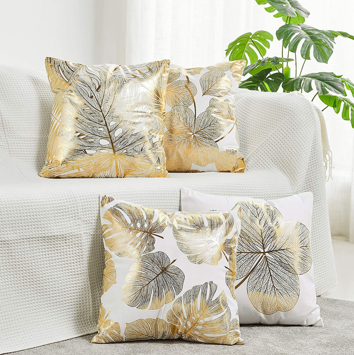 Pack of 4 Decorative Throw Pillow Case Cushion Cover Gold Stamping Leaves 18 x 18 inches 45 x 45 cm for Couch Bedroom Car