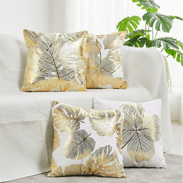 Pack of 4 Decorative Throw Pillow Case Cushion Cover Gold Stamping Leaves 18 x 18 inches 45 x 45 cm for Couch Bedroom Car