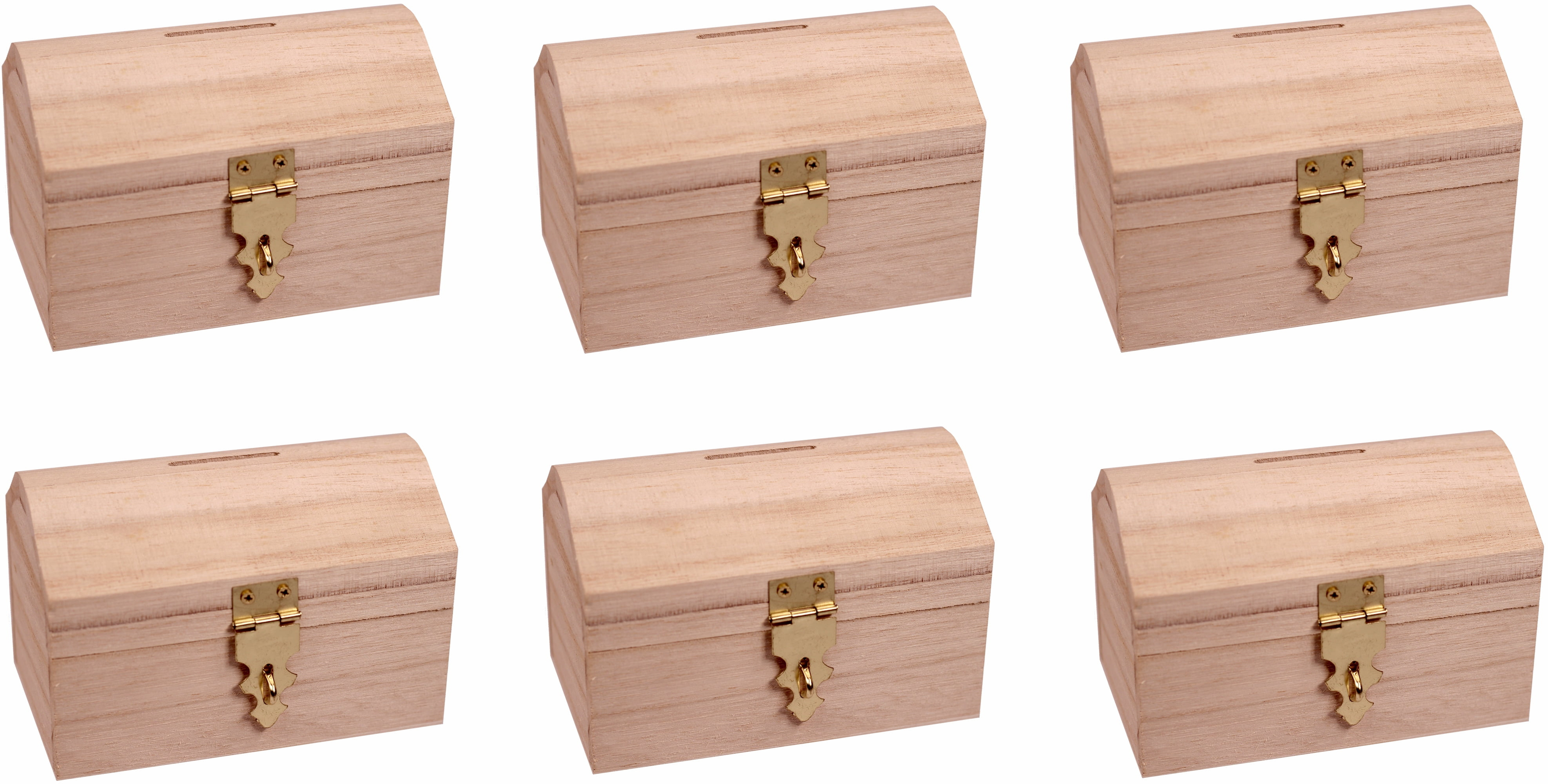Pack of 6 Ready to Decorate Wood Treasure Chest Box Savings Bank with Coin Slot, Hinged Lid and Lockable Front Clasp, DIY Craft