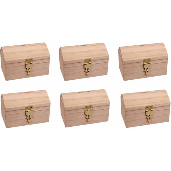 Pack of 6 Ready to Decorate Wood Treasure Chest Box Savings Bank with Coin Slot, Hinged Lid and Lockable Front Clasp, DIY Craft