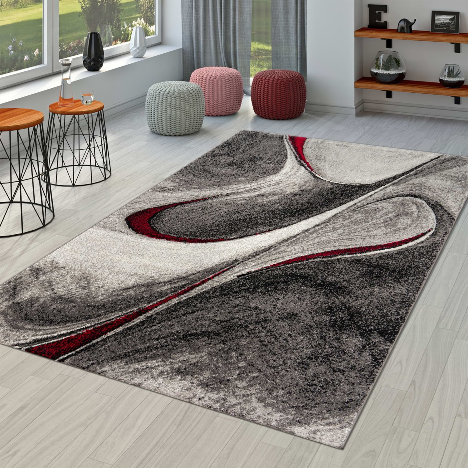 Paco Home Modern Designer Rug with Abstract Pattern in Grey Red - 5'3" x 7'7" (5'x7')