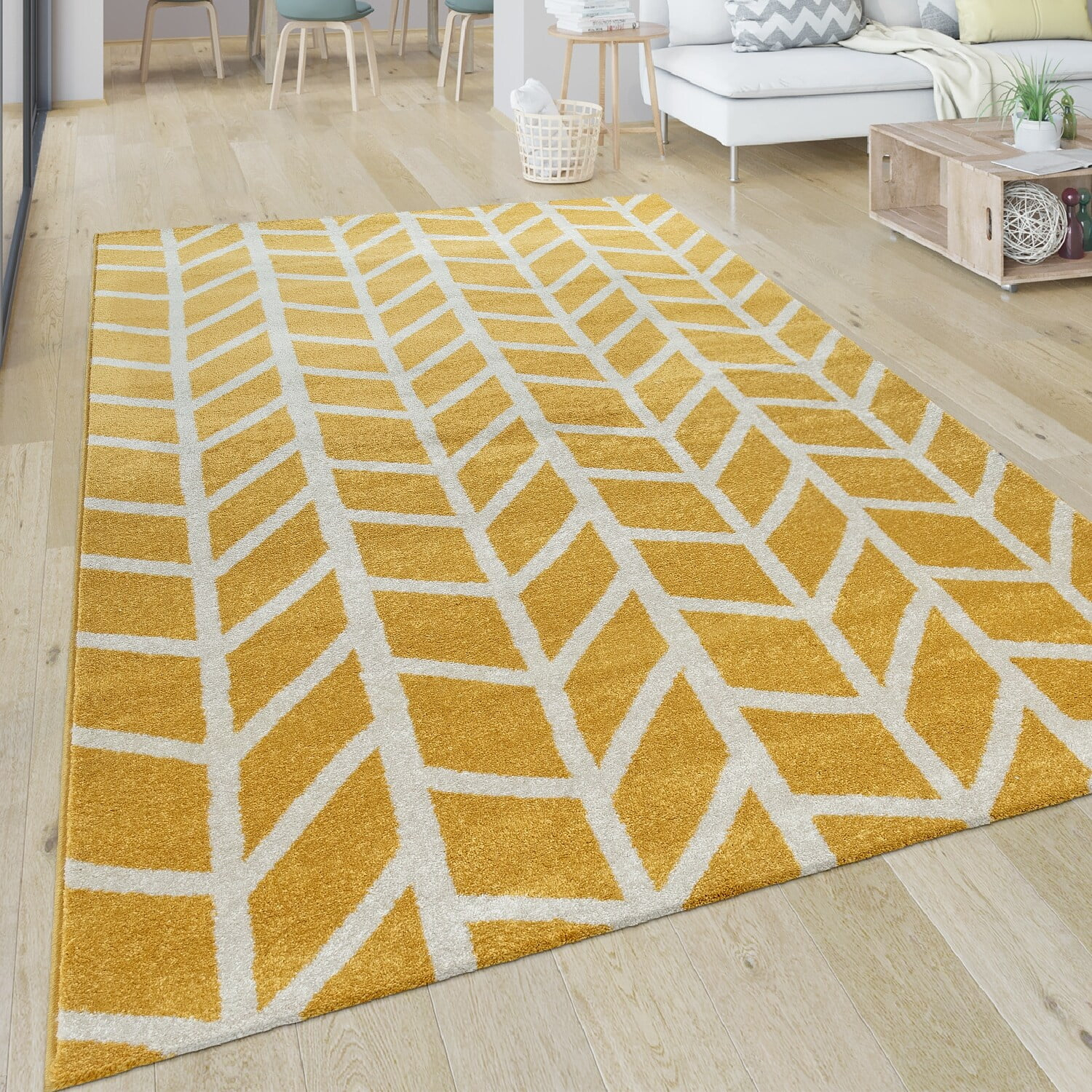 Paco Home Yellow White Area Rug with Modern Geometric Pattern - Retro Look 2'8" x 9'10"