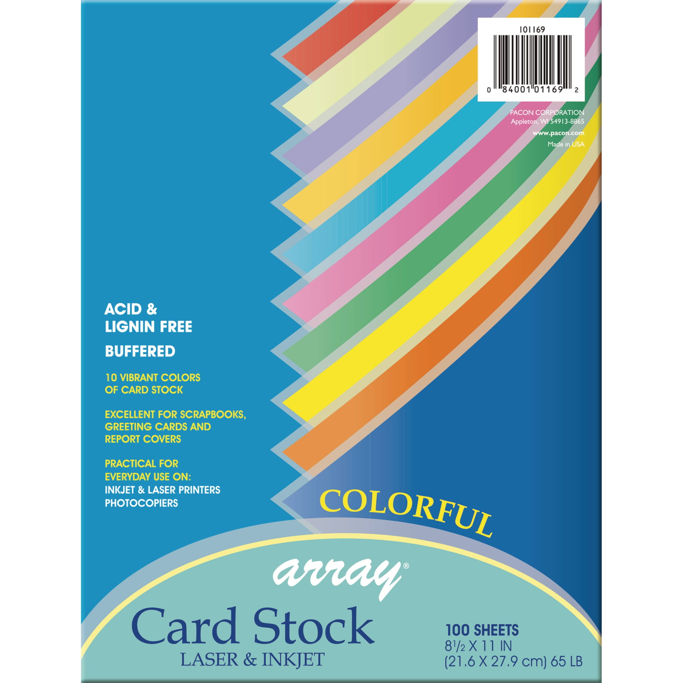 Pacon Array 65 lb. Cardstock Paper 8.5" x 11" Assorted Colors 100 Sheets/Pack (101169) P101169