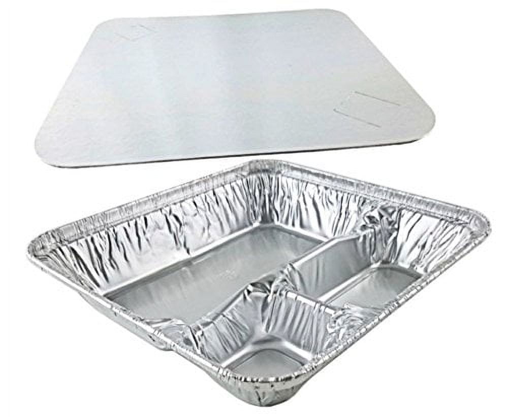 Pactogo Large 3-Compartment Oblong Aluminum Foil Take-Out Pan Senior Feeding TV Dinner Entr?e Tray w/Board Lid (Pack of 10 Sets)