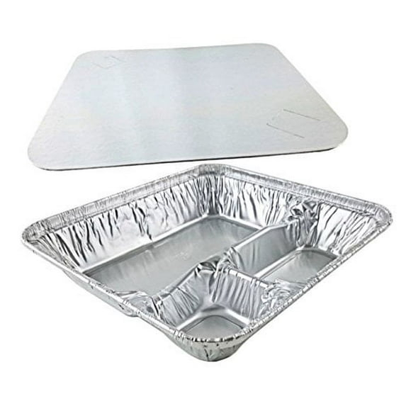 Pactogo Large 3-Compartment Oblong Aluminum Foil Take-Out Pan Senior Feeding TV Dinner Entr?e Tray w/Board Lid (Pack of 10 Sets)