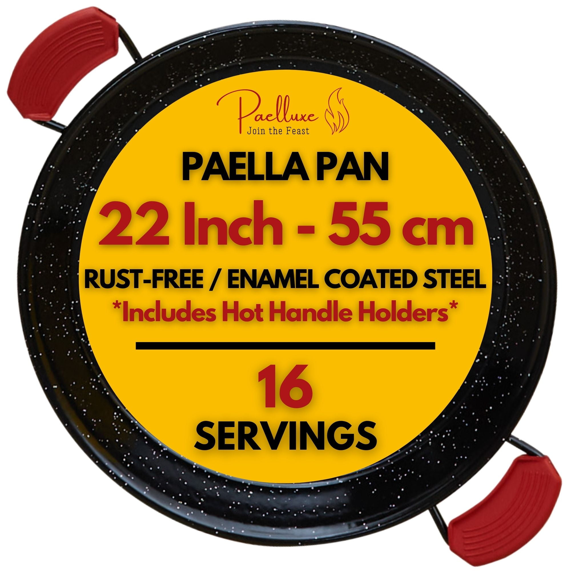 Paelluxe 22 Inch Paella Pan 16 Servings - Enamelled No Rust Easy to Clean Steel Pan Propane - Gas Burners for Cooking - Indoor & Outdoor Cooking Skillet - Cacerola Paellera Sarten - Mother's Day Gift