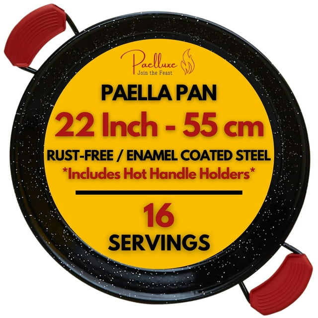 Paelluxe 22 Inch Paella Pan 16 Servings - Enamelled No Rust Easy to Clean Steel Pan Propane - Gas Burners for Cooking - Indoor & Outdoor Cooking Skillet - Cacerola Paellera Sarten - Mother's Day Gift