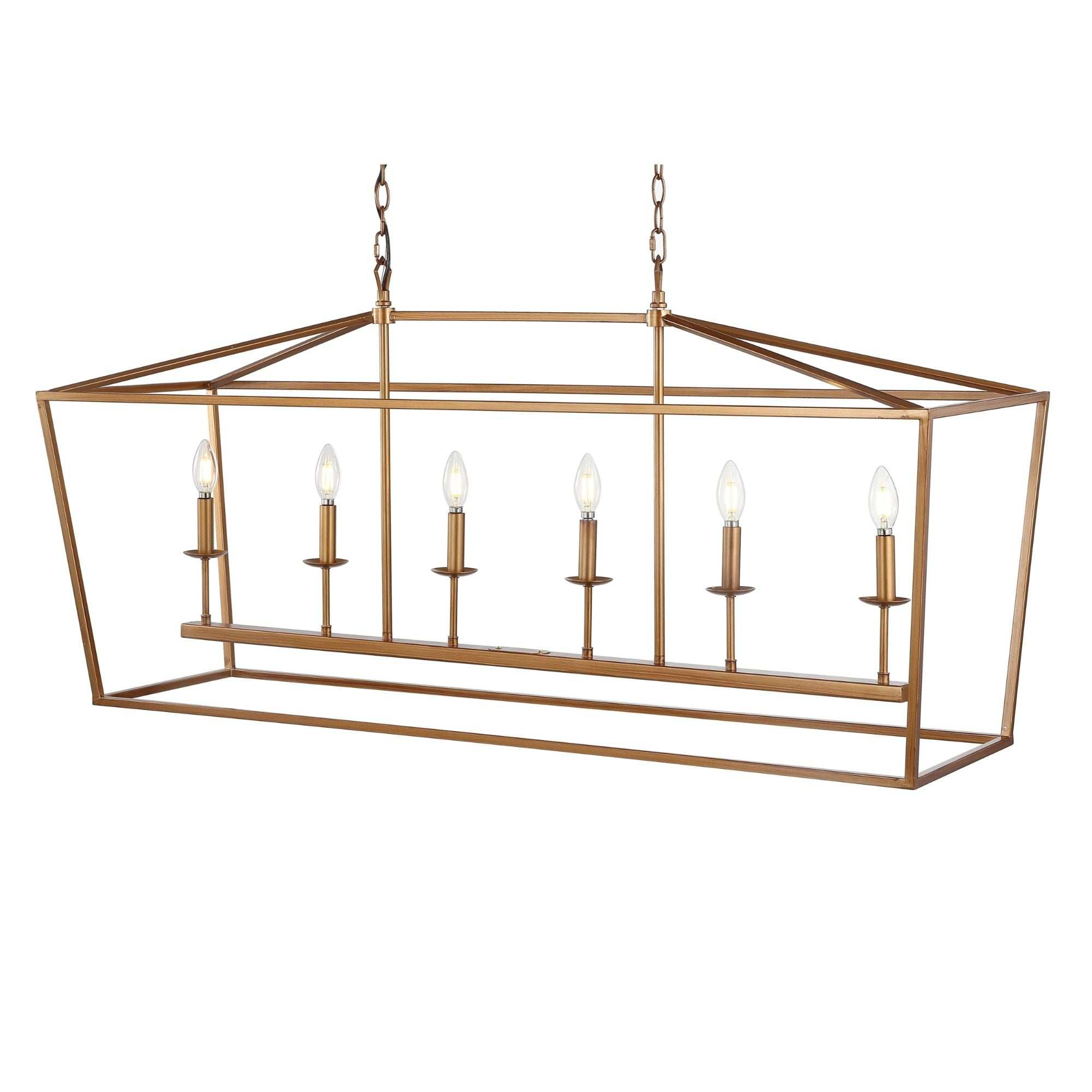 Pagoda 49" Linear 6-Bulb Lantern Metal LED Pendant, Antique Gold