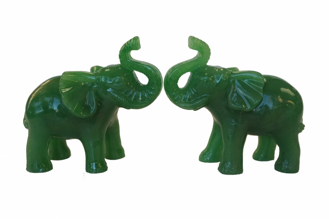 A Pair of Jade Green Color Feng Shui Trunk up Elephant Statue Figurine Home Office Decoration for Good Fortune