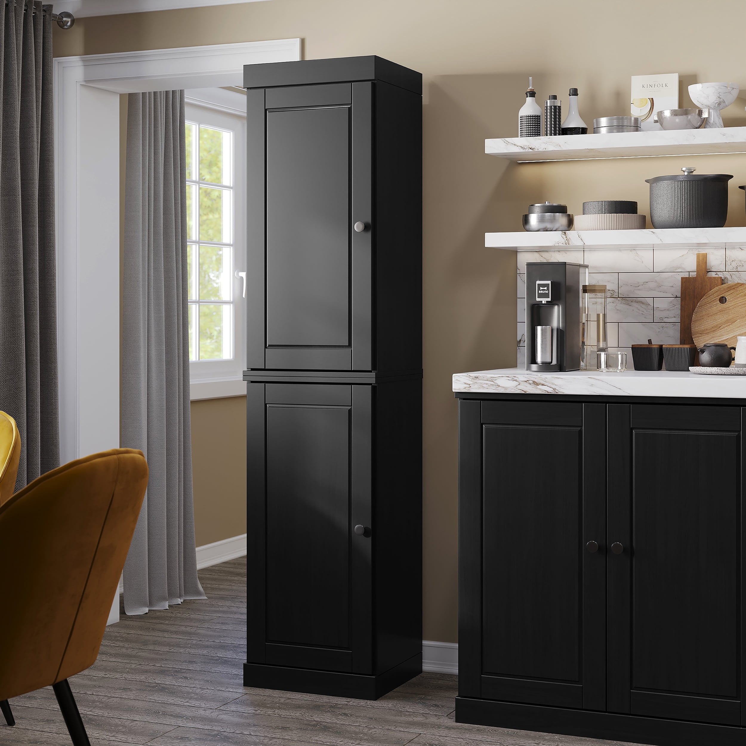 Palace Imports 100% Solid Wood 16.5" Kitchen Pantry Storage Cabinet with Doors and Adjustable Shelves, Black