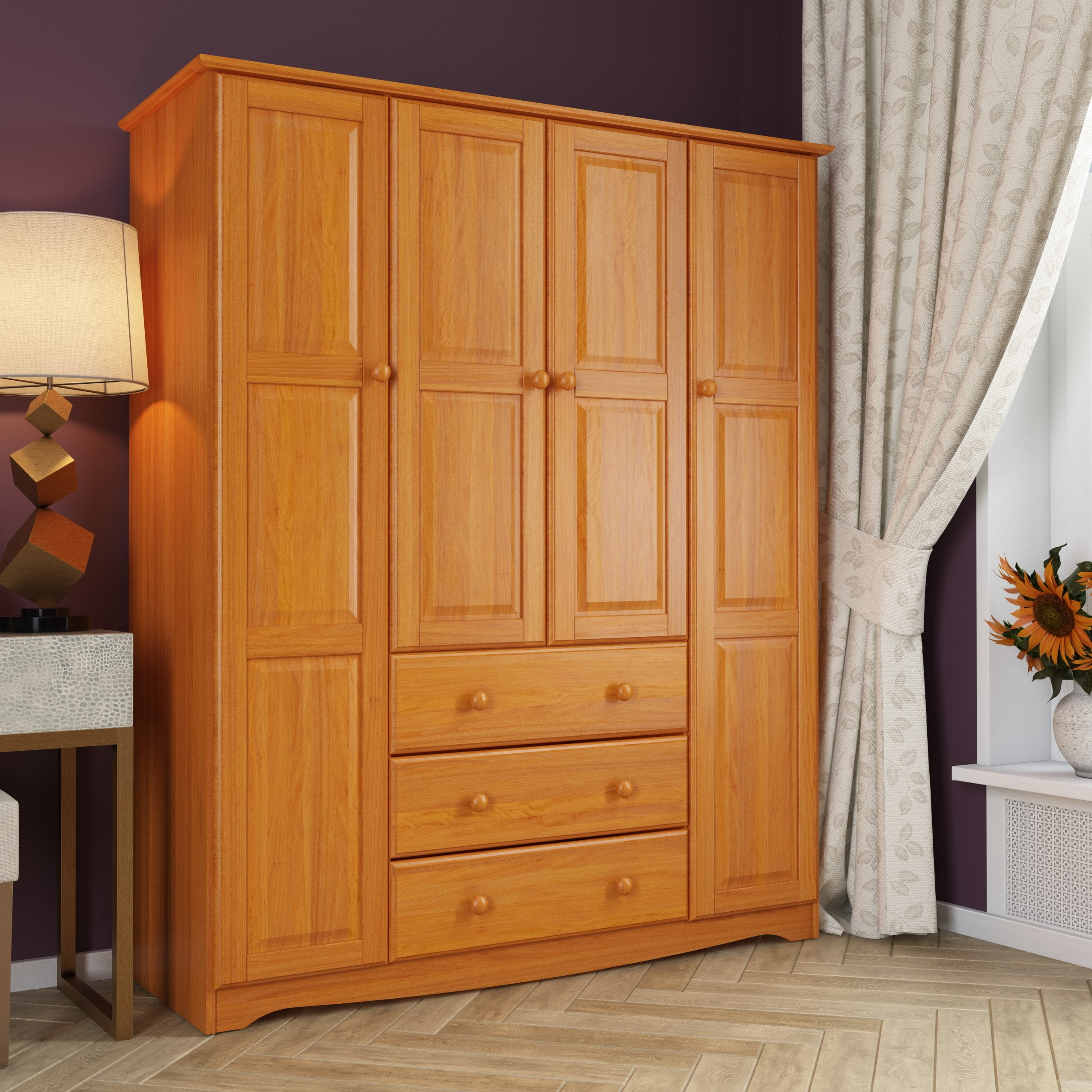 Palace Imports  100% Solid Wood Family 4-Door Wardrobe Armoire with Metal or Wooden Knobs Honey Pine